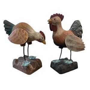 James Haddon Set of 2 Wood Carved Chicken Rooster w Glass Feet Folk Art Country